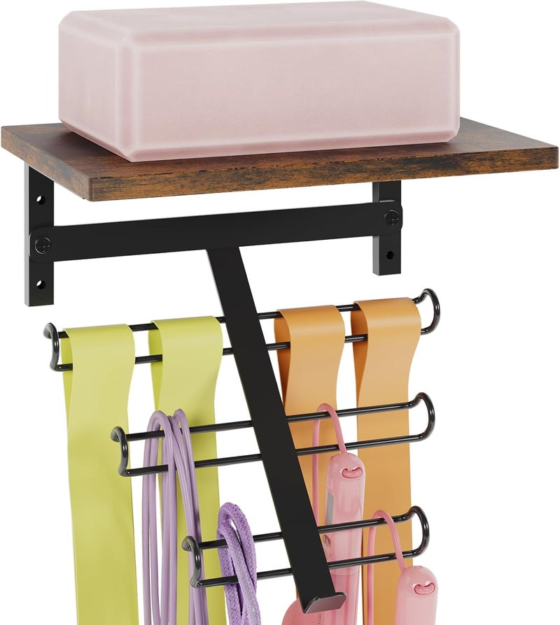 TJMOREE Resistance Rack Band Storage Hanger with Shelf Gym Equipment Organizer, Storage Rack for Home Gym, Brown - Image 1